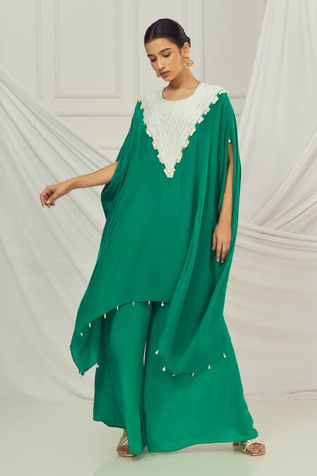Buy_Harshita Singhvi_Green Crepe Pearls, Sequins, Cut Work Round Neck Embroidered Kaftan Set _Online_at_Aza_Fashions