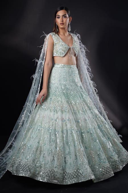 Shop_Ronak And Shruti_Blue Organza, Net Sequins, Cut Work, Embroidery V-neck Feather Cape Lehenga Set _Online_at_Aza_Fashions