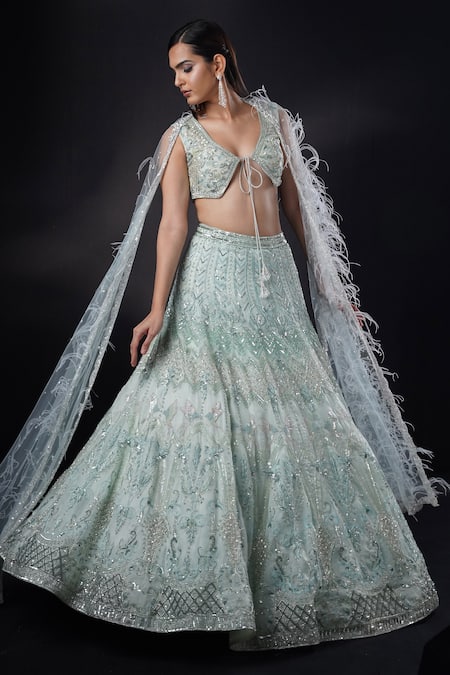 Ronak And Shruti_Blue Organza, Net Sequins, Cut Work, Embroidery V-neck Feather Cape Lehenga Set _at_Aza_Fashions