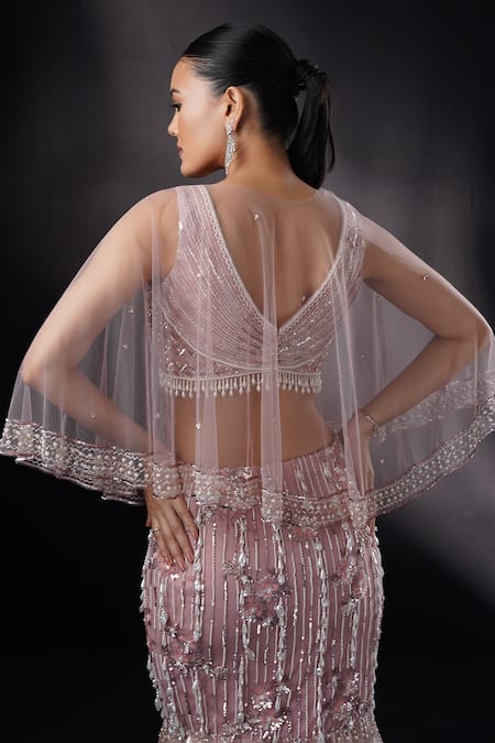 Buy_Ronak And Shruti_Pink Net Sequins, Pearls V-neck Embroidered Cape Fishcut Lehenga Set _Online_at_Aza_Fashions