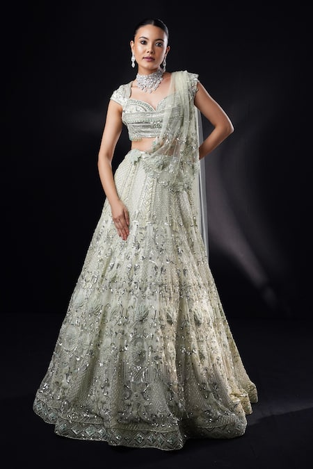 Buy_Ronak And Shruti_Green Organza Crystals, Sequins, Beads, Sage 3d Flower Applique Lehenga Set _Online_at_Aza_Fashions
