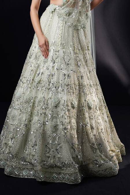 Shop_Ronak And Shruti_Green Organza Crystals, Sequins, Beads, Sage 3d Flower Applique Lehenga Set _Online_at_Aza_Fashions
