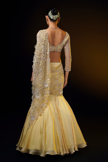 Ronak And Shruti Gold Embroidered Draped Fishcut Lehenga Saree 