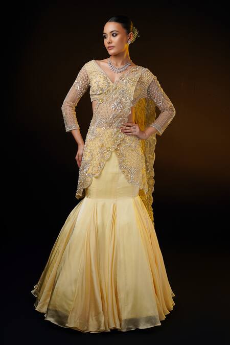 Buy_Ronak And Shruti_Gold Organza, Net Pearls, Crystals Embroidered Draped Fishcut Lehenga Saree _Online_at_Aza_Fashions