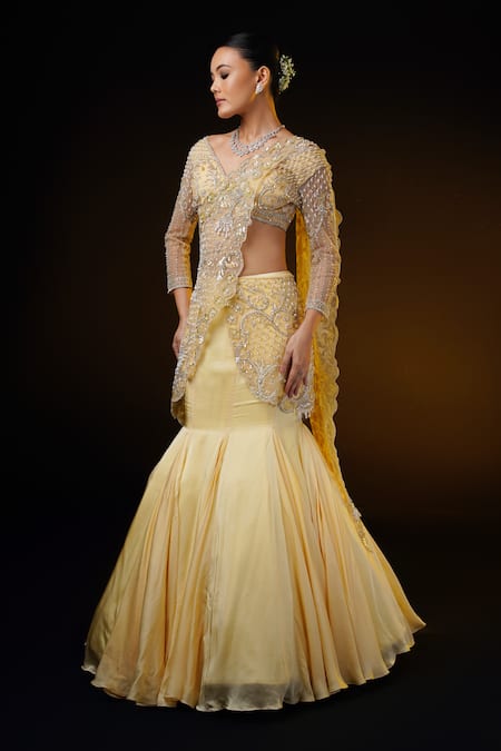 Shop_Ronak And Shruti_Gold Organza, Net Pearls, Crystals Embroidered Draped Fishcut Lehenga Saree _Online_at_Aza_Fashions