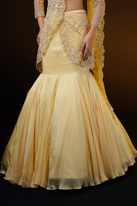 Ronak And Shruti_Gold Organza, Net Pearls, Crystals Embroidered Draped Fishcut Lehenga Saree _at_Aza_Fashions