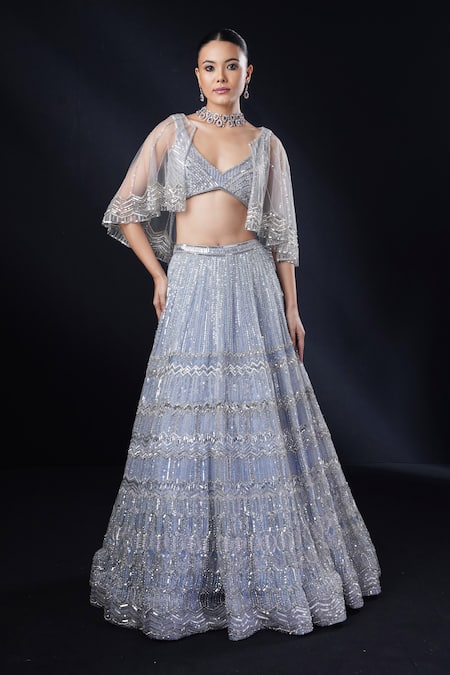 Ronak And Shruti_Blue Net, Organza Sequins, Beads, Geometric Embroidered Cape Lehenga Set _Online_at_Aza_Fashions