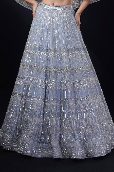 Shop_Ronak And Shruti_Blue Net, Organza Sequins, Beads, Geometric Embroidered Cape Lehenga Set _Online_at_Aza_Fashions