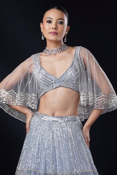 Ronak And Shruti_Blue Net, Organza Sequins, Beads, Geometric Embroidered Cape Lehenga Set _at_Aza_Fashions