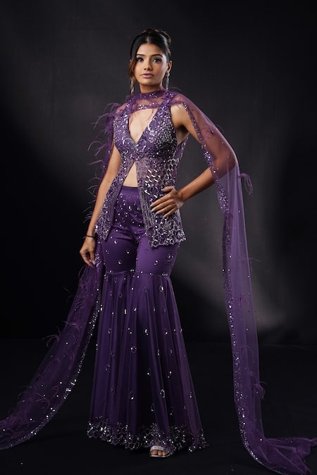 Ronak And Shruti_Purple Organza, Georgette Sequins, Crystals Plum Embroidered Sharara Set _Online_at_Aza_Fashions
