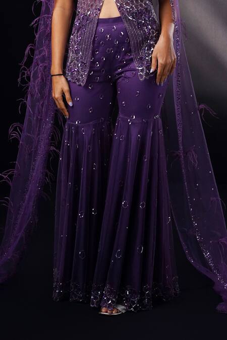 Buy_Ronak And Shruti_Purple Organza, Georgette Sequins, Crystals Plum Embroidered Sharara Set _Online_at_Aza_Fashions