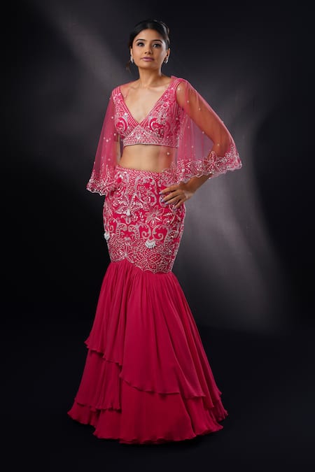 RONAK AND SHRUTI Coral Sequin Embroidered Cape Lehenga Set 