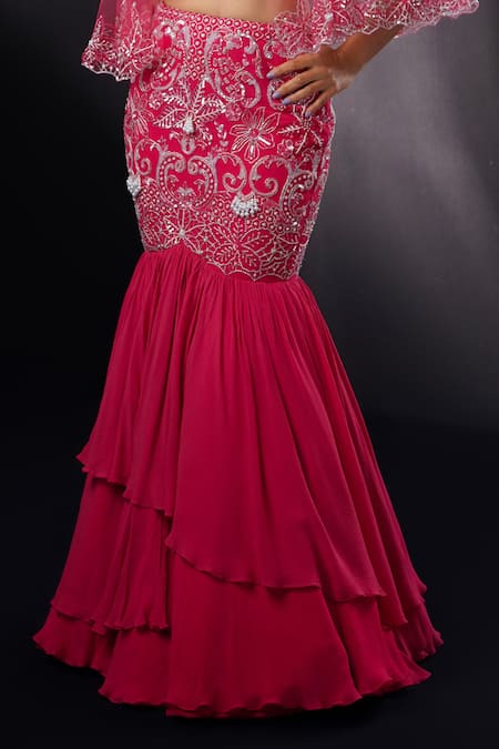 Ronak And Shruti_Coral Georgette, Net Sequins, Pearls V-neck Embroidered Cape Lehenga Set _Online_at_Aza_Fashions