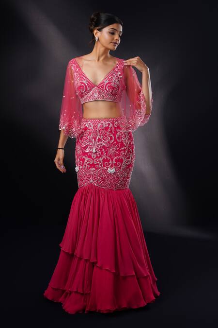 Buy_Ronak And Shruti_Coral Georgette, Net Sequins, Pearls V-neck Embroidered Cape Lehenga Set _Online_at_Aza_Fashions