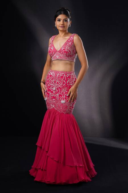 Shop_Ronak And Shruti_Coral Georgette, Net Sequins, Pearls V-neck Embroidered Cape Lehenga Set _Online_at_Aza_Fashions