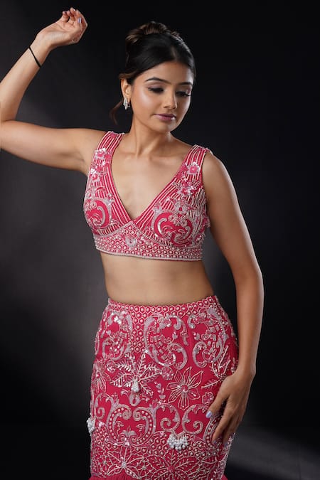 Ronak And Shruti_Coral Georgette, Net Sequins, Pearls V-neck Embroidered Cape Lehenga Set _at_Aza_Fashions