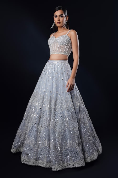 Ronak And Shruti_Blue Net, Organza Sequins, Pearls, Mirrors, Geometric Border Cape Lehenga Set _Online_at_Aza_Fashions