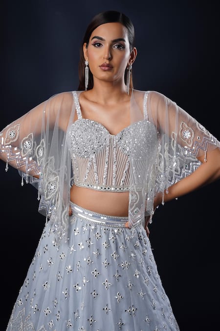 Buy_Ronak And Shruti_Blue Net, Organza Sequins, Pearls, Mirrors, Geometric Border Cape Lehenga Set _Online_at_Aza_Fashions
