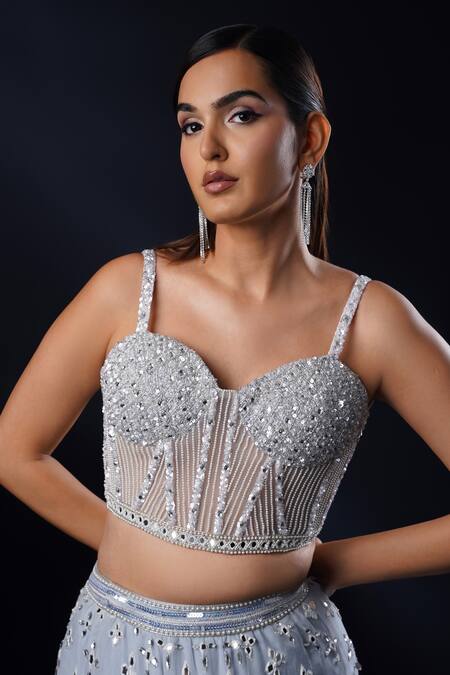 Shop_Ronak And Shruti_Blue Net, Organza Sequins, Pearls, Mirrors, Geometric Border Cape Lehenga Set _Online_at_Aza_Fashions