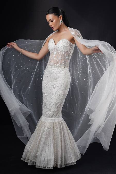 Ronak And Shruti_Ivory Net Sequins, Crystals, Beads Sweetheart Embroidered Mermaid Lehenga Set _Online_at_Aza_Fashions