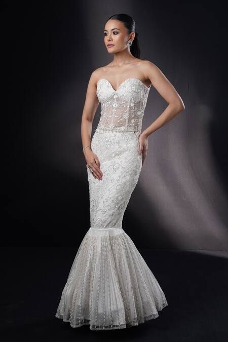 Buy_Ronak And Shruti_Ivory Net Sequins, Crystals, Beads Sweetheart Embroidered Mermaid Lehenga Set _Online_at_Aza_Fashions
