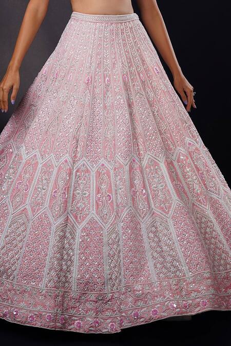 Buy_Ronak And Shruti_Pink Silk, Organza Pearls, Sequins, Embroidery V-neck Bridal Lehenga Set _Online_at_Aza_Fashions
