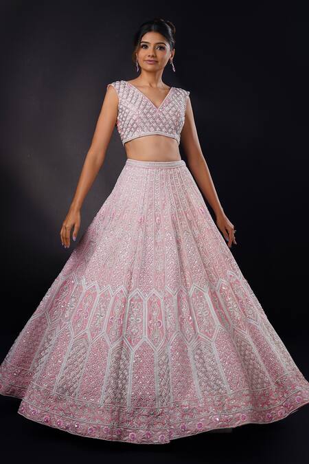 Shop_Ronak And Shruti_Pink Silk, Organza Pearls, Sequins, Embroidery V-neck Bridal Lehenga Set _Online_at_Aza_Fashions
