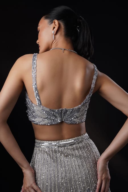 Ronak And Shruti Geometric Embroidered Grey Lehenga Set 