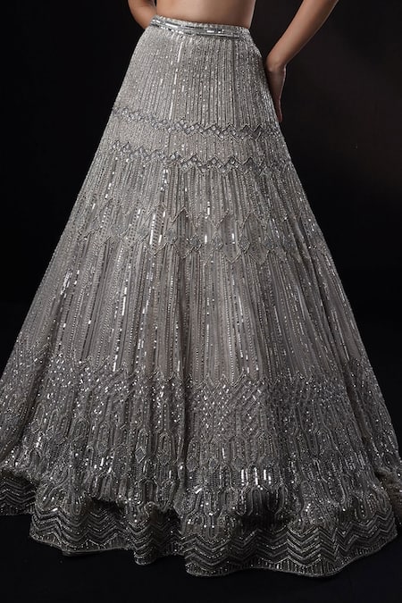 Ronak And Shruti_Gray Net, Tissue Sequins, Embroidery, Smocking, Geometric Grey Lehenga Set _Online_at_Aza_Fashions