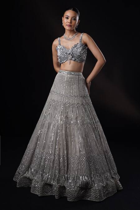 Buy_Ronak And Shruti_Gray Net, Tissue Sequins, Embroidery, Smocking, Geometric Grey Lehenga Set _Online_at_Aza_Fashions