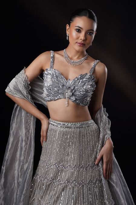 Ronak And Shruti_Gray Net, Tissue Sequins, Embroidery, Smocking, Geometric Grey Lehenga Set _at_Aza_Fashions