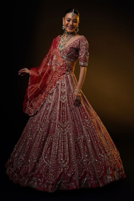 Ronak And Shruti_Red Tissue Sequins, Zari, Embroidery V-neck Zardozi Bridal Lehenga Set _Online_at_Aza_Fashions