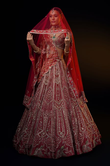 Shop_Ronak And Shruti_Red Tissue Sequins, Zari, Embroidery V-neck Zardozi Bridal Lehenga Set _Online_at_Aza_Fashions