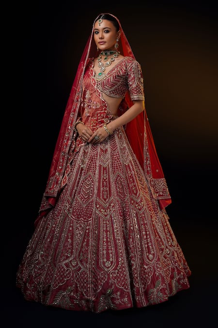 Ronak And Shruti_Red Tissue Sequins, Zari, Embroidery V-neck Zardozi Bridal Lehenga Set _at_Aza_Fashions