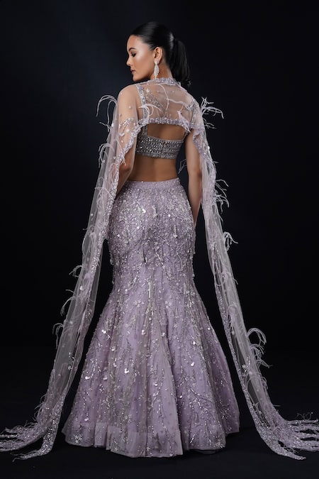 Ronak And Shruti Feather Embroidered Cape Lehenga Set 
