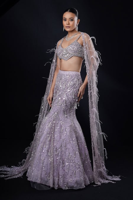 Shop_Ronak And Shruti_Purple Net Sequins, Feathers, Beads, Glitter Embroidered Cape Lehenga Set _Online_at_Aza_Fashions