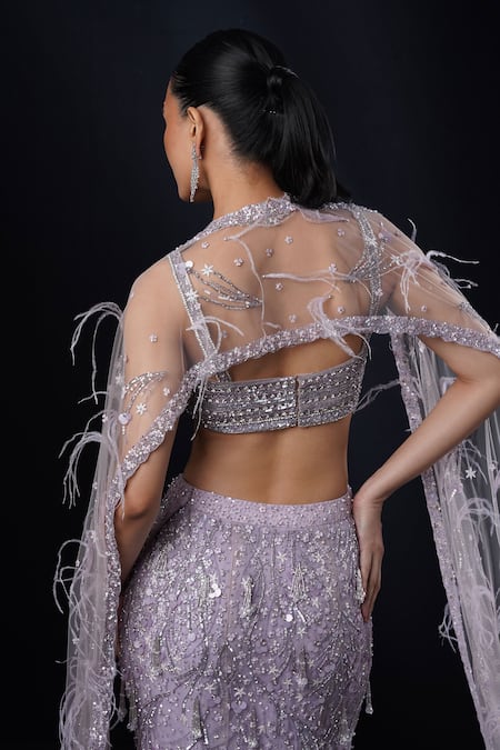 Ronak And Shruti_Purple Net Sequins, Feathers, Beads, Glitter Embroidered Cape Lehenga Set _at_Aza_Fashions