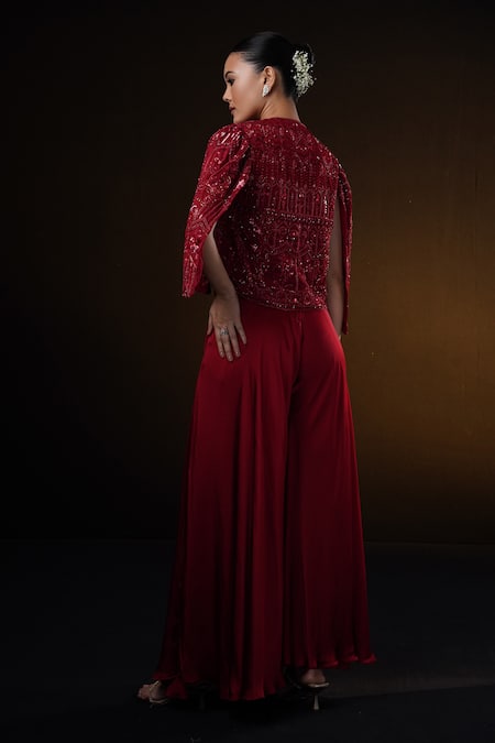 Ronak And Shruti Red Embroidered Jacket & Flared Pant Set 