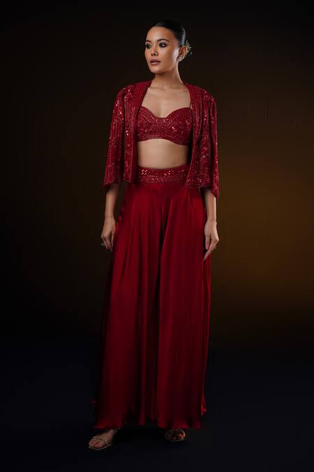 Ronak And Shruti_Red Organza Sequins, Crystals, Beads Embroidered Jacket And Flared Pant Set _Online_at_Aza_Fashions