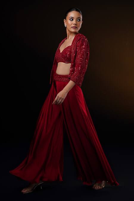 Buy_Ronak And Shruti_Red Organza Sequins, Crystals, Beads Embroidered Jacket And Flared Pant Set _Online_at_Aza_Fashions