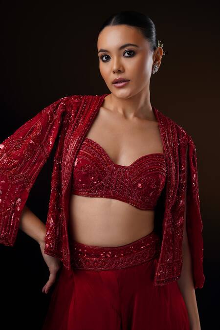Shop_Ronak And Shruti_Red Organza Sequins, Crystals, Beads Embroidered Jacket And Flared Pant Set _Online_at_Aza_Fashions