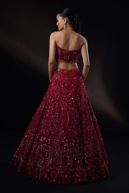 Ronak And Shruti Burgundy Embroidered Lehenga Set 