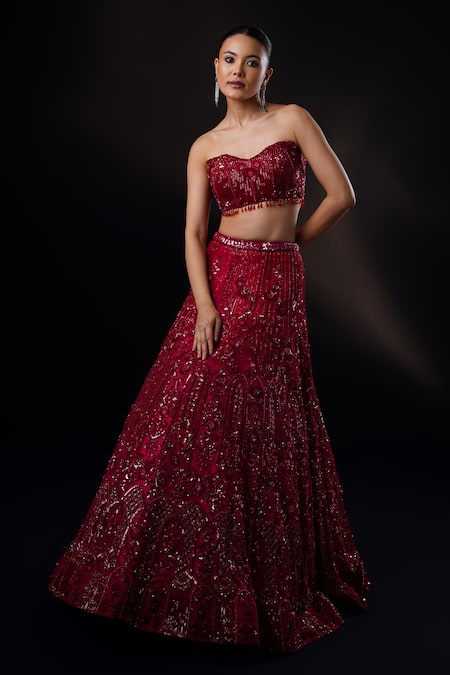 Buy_Ronak And Shruti_Burgundy Net Crystals, Sequins, Beads Sweetheart Neck Embroidered Lehenga Set _Online_at_Aza_Fashions