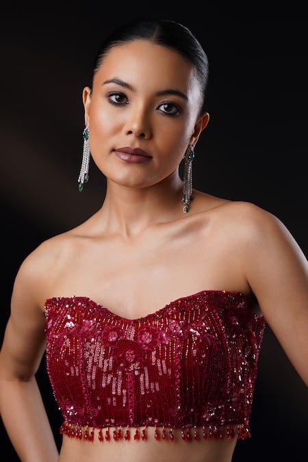 Shop_Ronak And Shruti_Burgundy Net Crystals, Sequins, Beads Sweetheart Neck Embroidered Lehenga Set _Online_at_Aza_Fashions