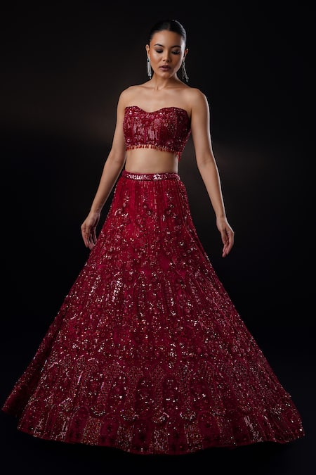 Ronak And Shruti_Burgundy Net Crystals, Sequins, Beads Sweetheart Neck Embroidered Lehenga Set _at_Aza_Fashions