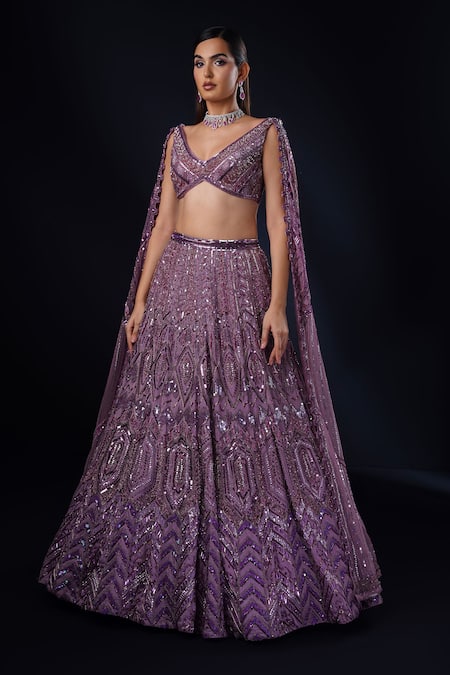 Ronak And Shruti_Purple Net, Organza Sequins, Crystals, Swarovski Embroidered Cape Lehenga Set _Online_at_Aza_Fashions