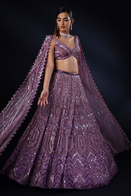 Buy_Ronak And Shruti_Purple Net, Organza Sequins, Crystals, Swarovski Embroidered Cape Lehenga Set _Online_at_Aza_Fashions