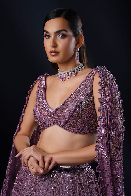 Shop_Ronak And Shruti_Purple Net, Organza Sequins, Crystals, Swarovski Embroidered Cape Lehenga Set _Online_at_Aza_Fashions