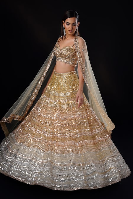 Shop_Ronak And Shruti_Multi Color Net Sequins, Crystals, Beads, Ombre Embroidered Lehenga Set _Online_at_Aza_Fashions