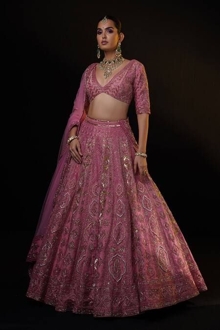 Ronak And Shruti_Multi Color Net, Tulle Sequins, Crystals, Beads Embroidered Bridal Lehenga Set _at_Aza_Fashions
